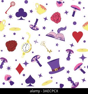 Wonderland éléments de motif lapin, chat Cheshire, cartes flamant rose chapeau tasse et champignons et horloge Illustration de Vecteur