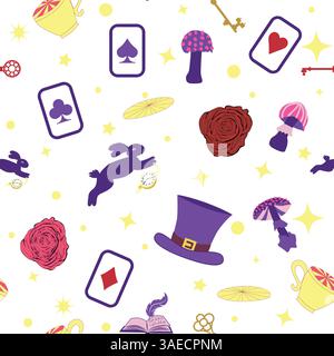 Wonderland éléments de motif lapin, chat Cheshire, cartes flamant rose chapeau tasse et champignons et horloge Illustration de Vecteur