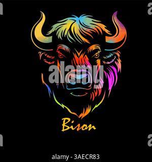 Tête de couleur bison sur fond noir. dessin à la main. Pas ai, illustration vectorielle Illustration de Vecteur