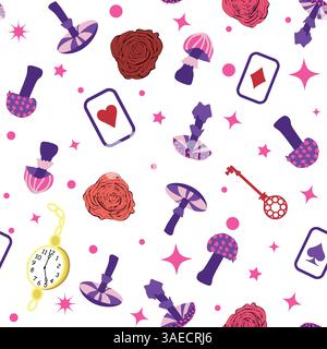 Wonderland éléments de motif lapin, chat Cheshire, cartes flamant rose chapeau tasse et champignons et horloge Illustration de Vecteur