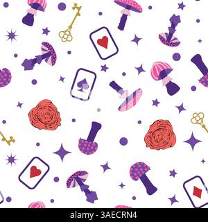 Wonderland éléments de motif lapin, chat Cheshire, cartes flamant rose chapeau tasse et champignons et horloge Illustration de Vecteur