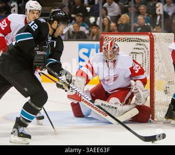 17 novembre 2011 : le gardien de Détroit Jimmy Howard en action lors du match de hockey dans la LNH entre les Red Wings de Détroit et les Sharks de San Jose au HP Arena de San Jose, EN CALIFORNIE. Les Sharks sont à égalité avec Detroit 1-1 à la fin de la première période. â© Damon Tarver/Cal Sport Media(image crédit : © Damon Tarver/Cal Sport Media/ZUMAPRESS.com) Banque D'Images