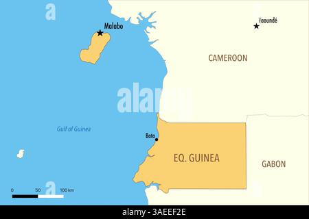 Carte de la Guinée équatoriale avec les grandes villes et les pays voisins Banque D'Images