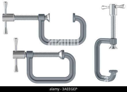 C-Clamps en acier, différentes vues. Rendu 3D isolé sur fond blanc Banque D'Images
