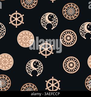 Motif sans couture symboles slaves anciens. Étoile de l'arkgamma, kolovrat, trixel, valknut, croix celtique et autre symbole slave, décoré d'ornement Illustration de Vecteur