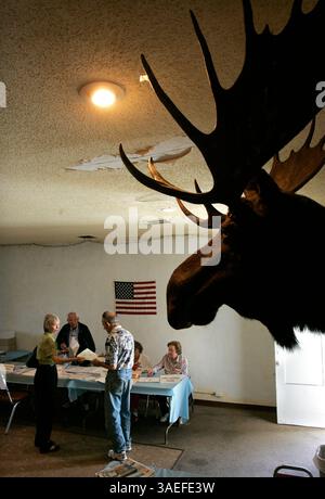 3 juin 2008, Oceanside, Californie, États-Unis au bureau de vote de Moose Lodge sur la North Coast Highway, une tête d'orignal suspendue au mur semble surveiller l'endroit  (crédit image : San Diego Union-Tribune/ZUMAPRESS.com) Banque D'Images