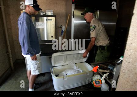 13 juin 2008, Escondido, California California Fish and Game Environmental Scientist QUINN GRANFORS, à gauche, et le superviseur du garde forestier de la ville d'Escondido JIM DAYBERRY, à droite, préparent une glacière contenant ''Dottie'', la basse record du monde qui est morte au lac Dixon à Escondido et a été stockée dans le congélateur du bureau du parc, pour un voyage à l'arrière d'une camionnette vers le bureau California Fish and Game à Winchester, Californie.  (image : San Diego-Tribune/ZUMAPRESS.com) Banque D'Images