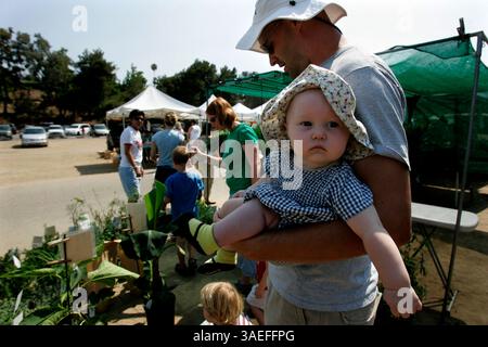 5 juillet 2008, Vista, California EMMA POTTER, 6 mois, de San Marcos, à droite, enquête sur le Vista Farmers Market, dans les bras de son père, JASON, alors que la famille fait leur voyage hebdomadaire au marché, qui est au même endroit depuis 26 ans.  (image de crédit : San Diego Union-Tribune/ZUMAPRESS.com) Banque D'Images
