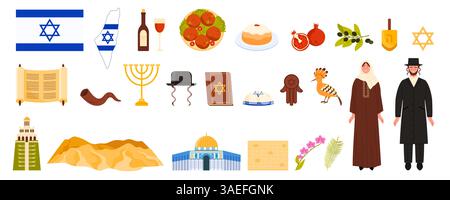 Voyage à Israël Set, éléments de la culture juive et de la nourriture, la carte et les monuments architecturaux, le judaïsme. Les gens en costumes traditionnels, Dôme de Rocher et Tour de David, illustration vectorielle de dessin animé torah Illustration de Vecteur