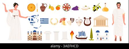 Voyage en Grèce Set. Monuments du patrimoine de la culture antique grecque, vin de cuisine méditerranéenne, vêtements traditionnels, vêtements anciens de gens, symboles célèbres, drapeau de carte de Grèce illustration vectorielle de dessin animé Illustration de Vecteur