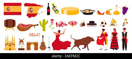 Voyagez en Espagne, éléments culturels célèbres, nourriture et monuments patrimoniaux. Drapeau et carte, peuple espagnol en costumes nationaux, danseur de flamenco et torerolier avec illustration vectorielle de dessin animé de taureau Illustration de Vecteur