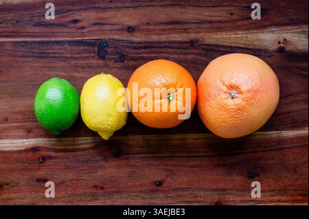Citron vert, citron, orange et pamplemousse alignés sur une planche à découper en bois Banque D'Images