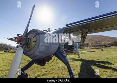 Un petit avion à moteur léger se tient sur un terrain d'aviation qui se prépare au décollage Banque D'Images