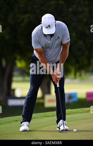 Doral, États-Unis. 06 avril 2025. Dustin Johnson, capitaine des putts 4Aces GC lors de la dernière journée du LIV Golf Invitational 2025 - Miami au Trump National Golf course le 6 avril 2025 à Doral, Floride. (Photo de JC Ruiz/Sipa USA) crédit : Sipa USA/Alamy Live News Banque D'Images