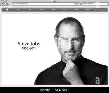 La page d'accueil Apple, Inc. hommage à la transmission de leur président du conseil d'administration : inventeur américain, pionnier, entrepreneur, homme d'affaires extraordinaire, visionnaire créatif : STEVEN PAUL EMPLOIS. Un décrochage universitaire, né le 24 février 1955, 1976 co-fondateur d'Apple Computers à 21 ans, a perdu sa bataille de 7 ans avec le cancer du pancréas décédée le 5 octobre 2011 à 56 ans. Steve Jobs, nous a apporté l'iPhone, iPad, iTunes, iPod, ordinateurs Macintosh et bien plus encore. (Apple.com/ZUMAPRESS.com) Banque D'Images