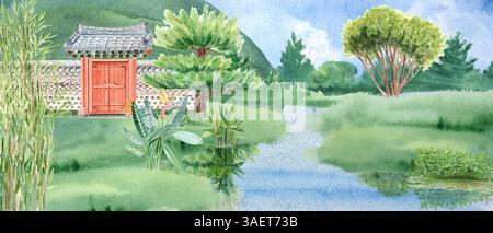 Portes de style asiatique, mur, pin, bambou, plantes décoratives, illustration aquarelle strelitzia. Art dessiné à la main parfait pour les cartes, la conception de paysage Banque D'Images