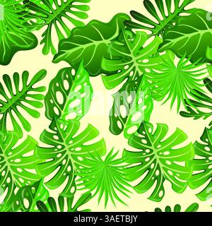 Motif de feuilles tropicales sans couture avec monstera vert vibrant et feuillage de palmier sur un fond beige clair pour les dessins textiles d'été Banque D'Images