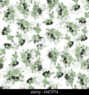 Élégant motif floral avec vert sauge doux et fleurs de charbon profondes sur un fond léger et subtilement texturé, offrant un style sophistiqué et naturel Banque D'Images