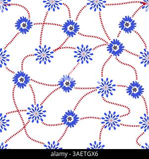 Délicat motif floral avec des fleurs bleues stylisées reliées par des lignes pointillées rouges coulantes sur un fond blanc propre, offrant un style moderne et légèrement Banque D'Images