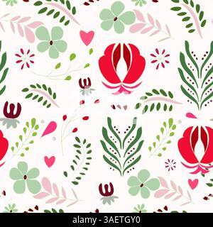 folk-art-scandinave-floral-motifs-coeurs sans couture Banque D'Images