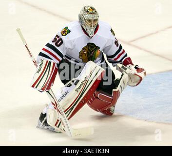 23 novembre 2011 : Corey Crawford (50 ans), gardien des Blackhawks de Chicago, lors du match contre les Sharks de San Jose. Sharks battent les Blackhawks 1-0 au HP Pavillion à San Jose, CA. (Crédit image : © William Mancebo/Cal Sport Media/ZUMAPRESS.com) Banque D'Images