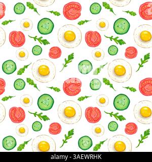 Illustration aquarelle dessinée à la main. Motif d'œufs frits, de feuilles de roquette, de tomates et de concombres Banque D'Images