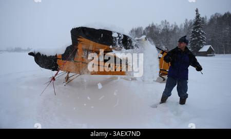 12 janvier 2012 - Anchorage, Alaska, É.-U. - DAVE BRONSON balaie la neige de l'aile de l'avion d'un ami sur le lac Hood alors qu'une autre grosse chute de neige a frappé jeudi. Anchorage a reçu un 81,3 pouces de neige officiel à la station de mesure de l'aéroport à partir de mardi. Le météorologue Shaun Baines a dit que cela en fait la période la plus neigeuse pour Anchorage depuis que les registres ont été conservés. (Crédit image : © Bob Hallinen/Anchorage Daily News/MCT/ZUMAPRESS.com) Banque D'Images