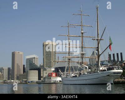 30 juin 2004 ; Baltimore, MD, États-Unis ; le 'Sagres', un grand voilier de 294' de la marine portugaise utilisé pour l'entraînement, construit en 1937 arrive dans le port intérieur de Baltimore, Maryland. L’équipage du shipÕs participera aux activités et concours avec d’autres équipages de grands voiliers dans le port de Baltimore pendant les cinq prochains jours. Après le feu d'artifice dans le port intérieur pour le 4 juillet, l'équipage quittera Baltimore dans la matinée du 5 juillet. . (Crédit image : James Berglie/ZUMAPRESS.com) Banque D'Images