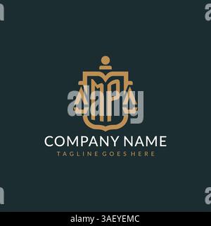 Logo MP initial pour le cabinet d'avocats avec l'échelle moderne de luxe et l'icône de bouclier logo graphique vectoriel de conception Illustration de Vecteur