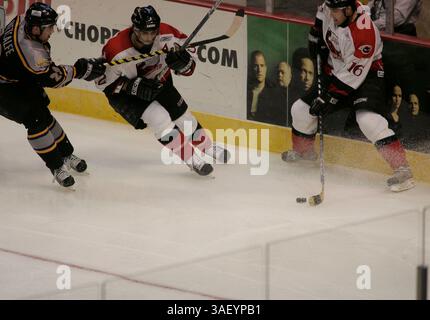 14 décembre 2004 ; Las Vegas, Nevada, États-Unis ; ECHL Hockey : Las Vegas Wranglers vs Greenville Grrowl. PHOTO : Greenville n° 23 JASON METCALFE, Wrangler LW n° 32 JASON SPENCE et n° 16 DANA LATTERY Banque D'Images