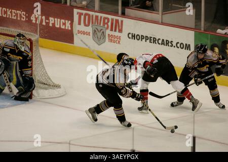 14 décembre 2004 ; Las Vegas, Nevada, États-Unis ; ECHL Hockey : Las Vegas Wranglers vs Greenville Grrowl. PHOTO : Wrangler n° 13 CHRIS STANLEY perd le palet contre Greenville n° 23 JASON METCALFE. Banque D'Images