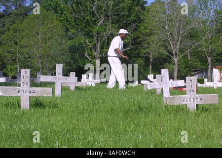 13 avril 2005 ; Huntsville, TX, États-Unis ; un prisonnier travaillant dans le cimetière des geôliers de Huntsville. L'unité d'exécution basée au Texas à Huntsville, également connue sous le nom de « The Walls Unit », en raison des murs de briques qui entourent la prison, abrite le couloir de la mort, où les condamnés sont détenus dans de petites cages de verre et d'acier pendant 23 heures toutes les 24 heures. Au moins 341 prisonniers ont été exécutés au Texas depuis 1982. Crédit obligatoire : photo de Nadav Neuhaus/ZUMA Press. (©) Copyright 2005 par Nadav Neuhaus Banque D'Images