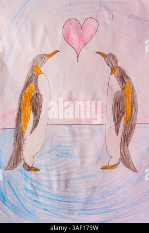 Pingouins amoureux se regardant les uns les autres fabriqués par l'enfant Banque D'Images