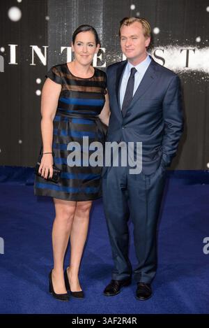 Emma Thomas et Christopher Nolan assistent à la première européenne d'Interstellar le 29 octobre 2014, Odeon, Leicester Square, Londres Banque D'Images