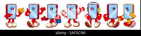 Ensemble de personnages de téléphone mobile de bande dessinée avec des bras, des jambes et des yeux - debout et marchant, agitant et écoutant de la musique, tenant l'enveloppe et la tasse à café. Gadgets mascottes mignons montrant des émotions et des gestes. Illustration de Vecteur