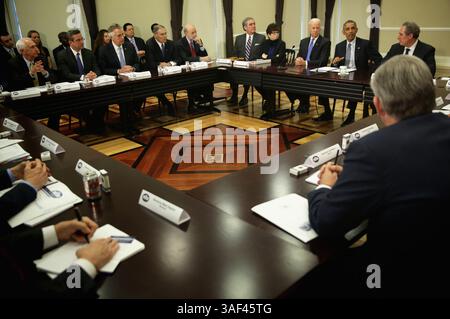20 février 2015 - Washington, District of Columbia, États-Unis d'Amérique - le président des États-Unis, Barack Obama, prend la parole lors d'une réunion de l'Association des gouverneurs démocrates dans le bâtiment du bureau exécutif d'Eisenhower le 20 février 2015 à Washington, DC. Les gouverneurs du pays sont à Washington, DC, pour assister à la réunion d'hiver de l'Association des gouverneurs nationaux. . Crédit : Alex Wong / Pool via CNP (crédit image : © Alex Wong/CNP/ZUMAPRESS.com) Banque D'Images