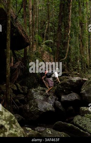 Homme marchant sur des rochers le long d'un sentier de cascade en Australie Banque D'Images