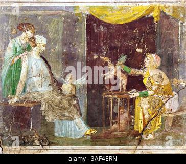 Le Cupidon Seller est une fresque romaine de 30 av. J.-C. – 50 av. J.-C. découverte en 1759 à Stabiae et maintenant au Musée archéologique national de Naples. Il montre une femme vendant de minuscules cupids à une matrona. Banque D'Images