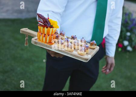 Serveur servant des canapés gastronomiques sur un plateau en bois lors d'un événement élégant. Banque D'Images