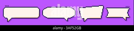 Quatre bulles de parole de pixel dessinées dans le style 8 bits sur fond violet. Illustration de Vecteur