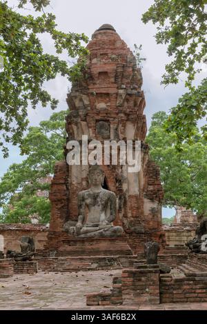 Brique rouge et pierre temple ruine de construction complexe de pagode et statue bouddhiste de bouddha de Wat Maha qui parc historique le long des arbres à Ayutthaya Banque D'Images