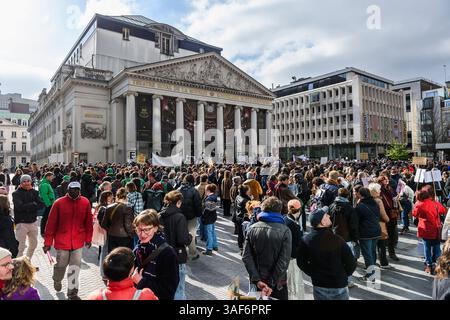 Ce jour de grève nationale, de nombreux artistes, interprètes et acteurs se rassembent sur la place de la monnaie à Bruxelles contre les distinctions du Banque D'Images