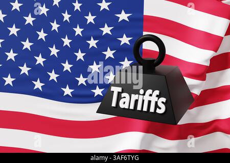 1 tonne de poids noir devant le drapeau national américain. Illustration du concept des tarifs globaux imposés par les États-Unis Banque D'Images