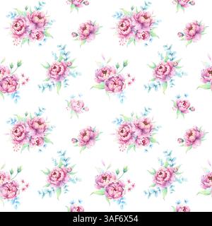 Fleur de pivoine luxuriante - motif floral sans couture à l'aquarelle. Branches d'eucalyptus et feuilles vertes fraîches dans un style délicat. Idéal pour la papeterie, le papier cadeau Banque D'Images