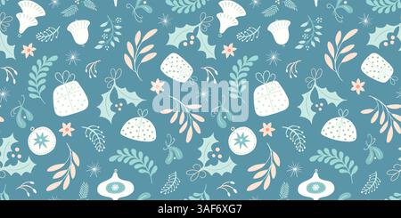 Bordure de motif sans couture de Noël, feuillage festif confortable, cadeaux et boules. Ressource de vecteur de conception moderne de vacances d'hiver. Illustration de Vecteur