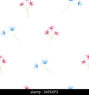 Motif floral minimaliste sans couture avec des fleurs roses et bleues. Illustration stylisée d'aquarelles. Simple floraison. Design décoratif idéal pour le tissu Banque D'Images