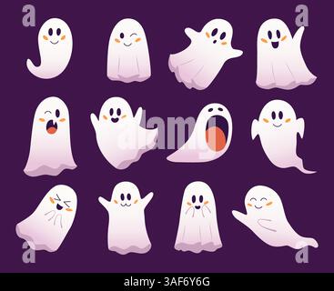 Ensemble d'adorables fantômes de bande dessinée avec diverses expressions faciales sur un fond violet foncé Illustration de Vecteur