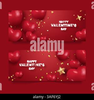 Bannières horizontales Saint-Valentin avec des coeurs rouges, des étoiles dorées et des confettis sur un fond rouge Illustration de Vecteur