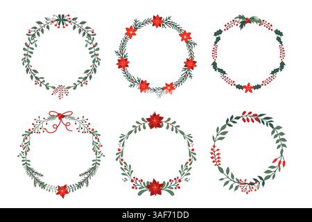 Six couronnes décoratives de Noël avec fleurs rouges, feuillage vert et accents de fêtes Illustration de Vecteur