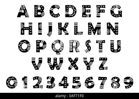 Police tribale africaine, aztèque ou maya de couleur noire. Alphabet décoratif avec motif ethnique exotique. Design de lettrage folklorique et ensemble de chiffres 0-9 pour Illustration de Vecteur